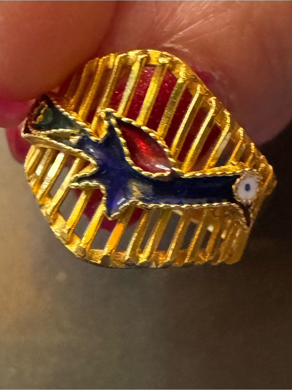 22K Solid Gold Bird Enamel Ring - Blue and Red Accent - Picture 2 of 7
